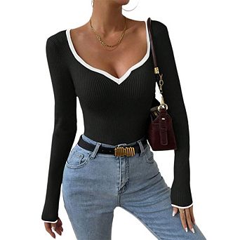 Women's Sweetheart Neckline Top Color Block Long Sleeve T Shirts Ribbed Knit Tee Shirts