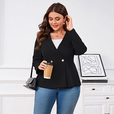 Plus Size Women's V-Neck 3/4 Sleeve Blazer Two-Button Tailed Cardigan for Business or Casual
