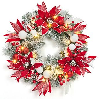24 inch Pre-Lit Christmas Wreath with 20 Lights, Red & White Balls, Flowers, Berries
