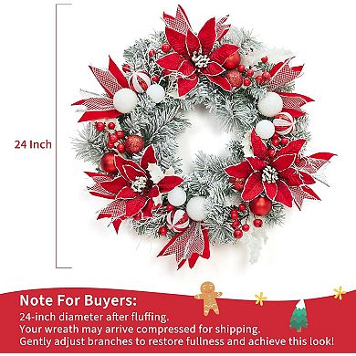 24 inch Pre-Lit Christmas Wreath with 20 Lights, Red & White Balls, Flowers, Berries