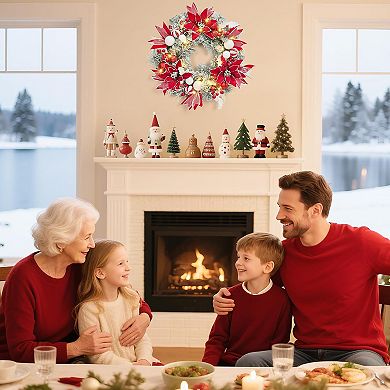 24 inch Pre-Lit Christmas Wreath with 20 Lights, Red & White Balls, Flowers, Berries