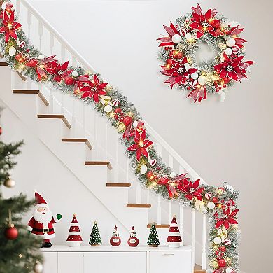 24 inch Pre-Lit Christmas Wreath with 20 Lights, Red & White Balls, Flowers, Berries