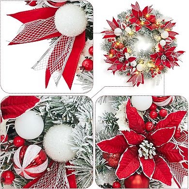 24 inch Pre-Lit Christmas Wreath with 20 Lights, Red & White Balls, Flowers, Berries