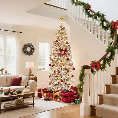 Pencil Christmas Tree, Pre-Lit Frosted Artificial Tree, Skinny Xmas Trees Holiday Decor,w/LED Light