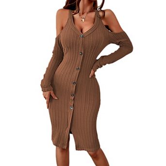 Women's Cold Shoulder Ribbed Knit Dress Button Front Midi Bodycon Sweater Dress