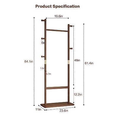 Solid Wood Coat Rack, Walnut，61.4"H