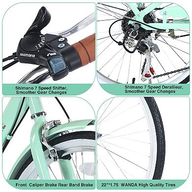 Whisen 22 Inch Girls Bicycle, 7 Speed City Bike With Basket, Steel Frame, Double Brakes