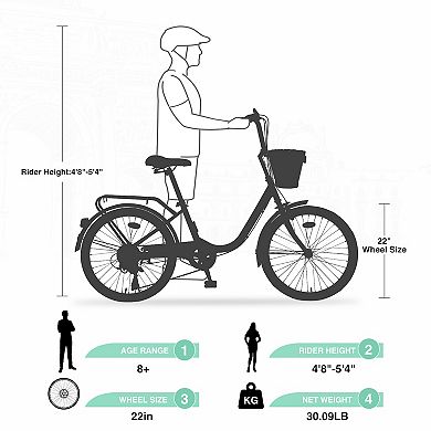 Whisen 22 Inch Girls Bicycle, 7 Speed City Bike With Basket, Steel Frame, Double Brakes