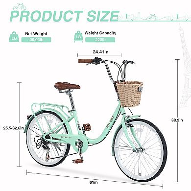 Whisen 22 Inch Girls Bicycle, 7 Speed City Bike With Basket, Steel Frame, Double Brakes