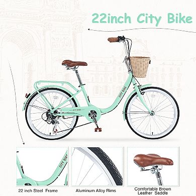 Whisen 22 Inch Girls Bicycle, 7 Speed City Bike With Basket, Steel Frame, Double Brakes