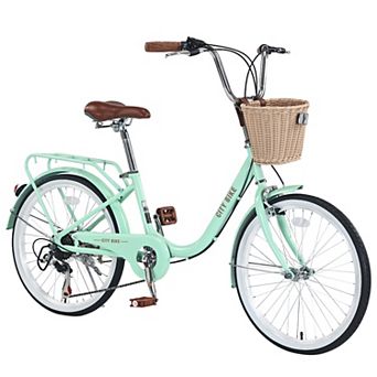 Whisen 22 Inch Girls Bicycle, 7 Speed City Bike With Basket, Steel Frame, Double Brakes