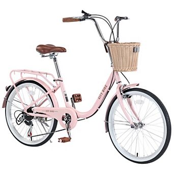 Whisen 22 Inch Girls Bicycle, 7 Speed City Bike With Basket, Steel Frame, Double Brakes