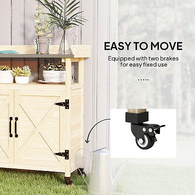 Outsunny Outdoor Potting Bench with Storage, Wheels