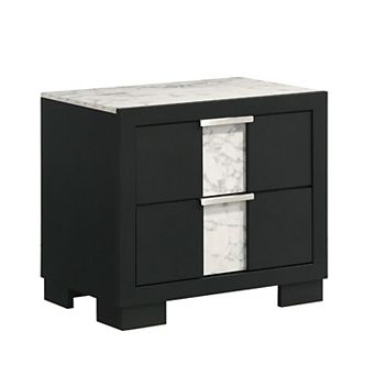 Amey 2 Drawer Nightstand, White Marble Trim, Black Wood