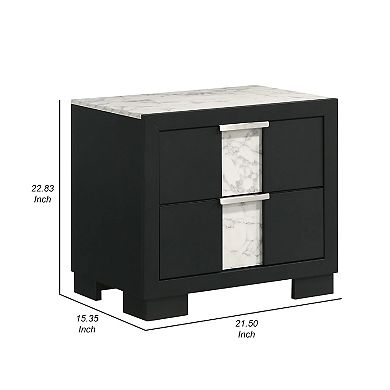 Amey 2 Drawer Nightstand, White Marble Trim, Black Wood