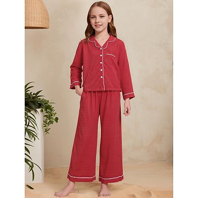 Children's Matching Button Down Long Sleeve Top with Pants Family Pajama Sets