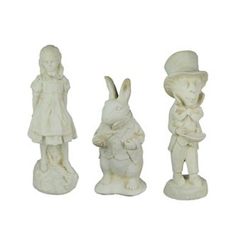 3 pc Cement Wonderland Statue Set - Alice, Rabbit & Hatter - 10" - White