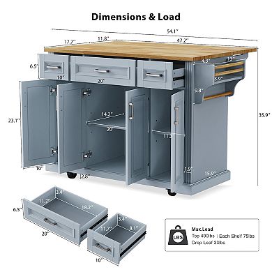 Whisen Large Kitchen Island with Rubber Wood Drop Leaf