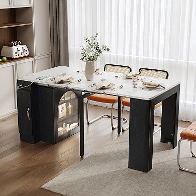 Whisen Extendable Dining Table with 3 Removable Middle Leaves, Power Outlet and Saving-space Cabinet