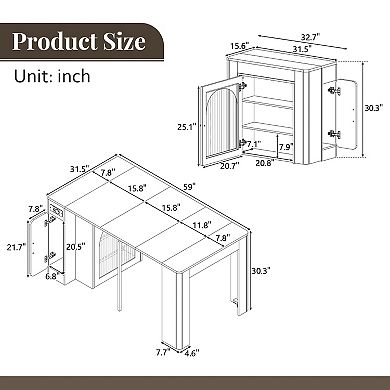 Whisen Extendable Dining Table with 3 Removable Middle Leaves, Power Outlet and Saving-space Cabinet