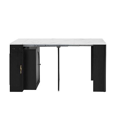 Whisen Extendable Dining Table with 3 Removable Middle Leaves, Power Outlet and Saving-space Cabinet