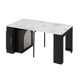 Whisen Extendable Dining Table with 3 Removable Middle Leaves, Power Outlet and Saving-space Cabinet