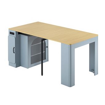 Whisen Extendable Dining Table with 3 Removable Middle Leaves, Power Outlet and Saving-space Cabinet