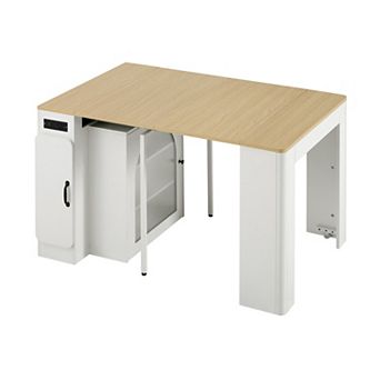 Whisen Extendable Dining Table with 3 Removable Middle Leaves, Power Outlet and Saving-space Cabinet