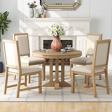 Whisen 5-Piece Farmhouse Dining Set Extendable Round Dining Table Set with 4 Upholstered Chairs