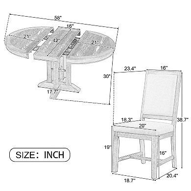 Whisen 5-Piece Farmhouse Dining Set Extendable Round Dining Table Set with 4 Upholstered Chairs