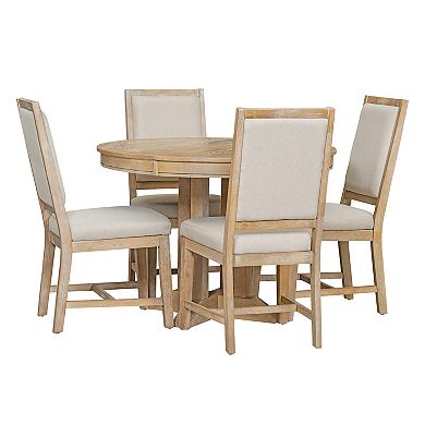 Whisen 5-Piece Farmhouse Dining Set Extendable Round Dining Table Set with 4 Upholstered Chairs
