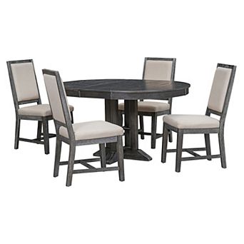 Whisen 5 pc Farmhouse Dining Set Extendable Round Dining Table Set with 4 Upholstered Chairs