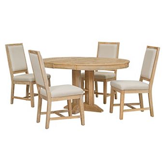 Whisen 5 pc Farmhouse Dining Set Extendable Round Dining Table Set with 4 Upholstered Chairs