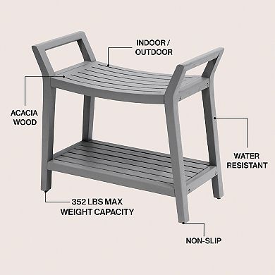 Orla 25.6" Modern Classic Slatted Solid Acacia Wood Indoor/Outdoor Shower Bench with Shelf, Handle