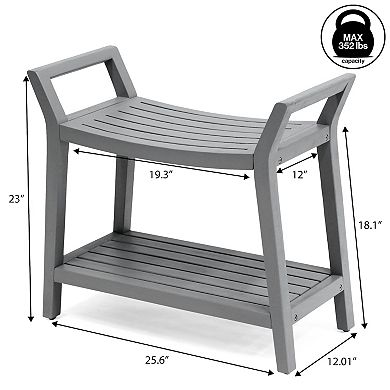 Orla 25.6" Modern Classic Slatted Solid Acacia Wood Indoor/Outdoor Shower Bench with Shelf, Handle