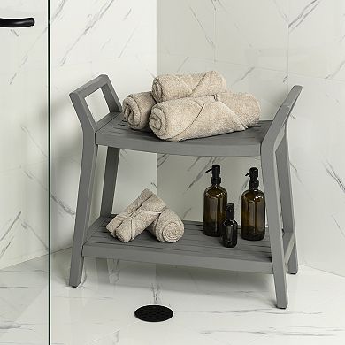 Orla 25.6" Modern Classic Slatted Solid Acacia Wood Indoor/Outdoor Shower Bench with Shelf, Handle