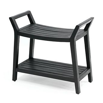 Orla 25.6" Modern Classic Slatted Solid Acacia Wood Indoor/Outdoor Shower Bench with Shelf, Handle