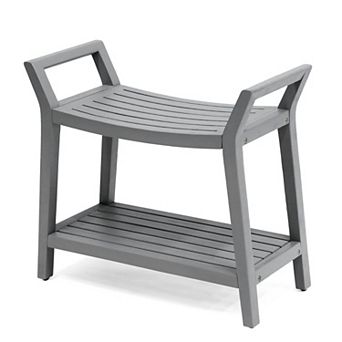 Orla 25.6" Modern Classic Slatted Solid Acacia Wood Indoor/Outdoor Shower Bench with Shelf, Handle