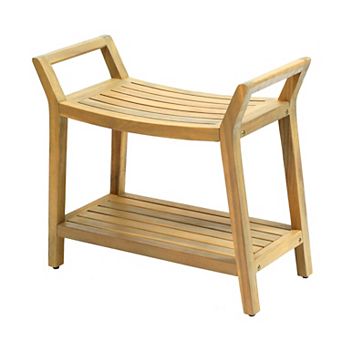 Orla 25.6" Modern Classic Slatted Solid Acacia Wood Indoor/Outdoor Shower Bench with Shelf, Handle