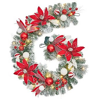 6ft Pre-Lit Christmas Garland with 20 Lights, Flowers, Ball Ornaments, Berries, Red & White