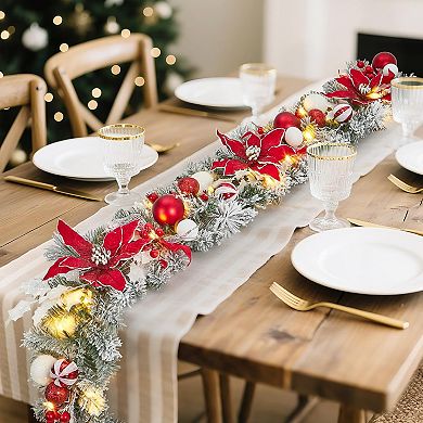 6ft Pre-Lit Christmas Garland with 20 Lights, Flowers, Ball Ornaments, Berries, Red & White