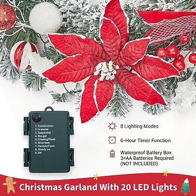 6ft Pre-Lit Christmas Garland with 20 Lights, Flowers, Ball Ornaments, Berries, Red & White