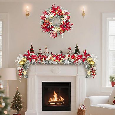 6ft Pre-Lit Christmas Garland with 20 Lights, Flowers, Ball Ornaments, Berries, Red & White