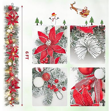 6ft Pre-Lit Christmas Garland with 20 Lights, Flowers, Ball Ornaments, Berries, Red & White