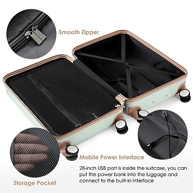 3-Piece Hardside Spinner Luggage Set with USB Port, 20, 24inch with front Opening Design