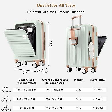 3-Piece Hardside Spinner Luggage Set with USB Port, 20, 24inch with front Opening Design