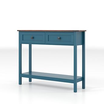 Farmhouse Style Console Table with 2 Drawers & Bottom Shelf -Pagoda Blue and Brown