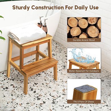 2-Step Solid Acacia Wood Step Stool, 19.6 Inches Tall