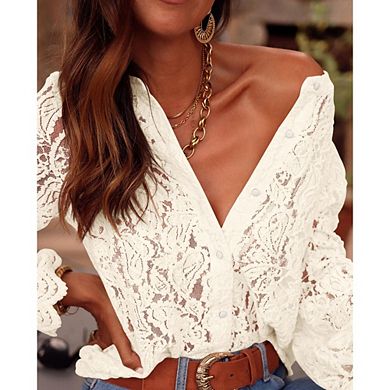 Women's Dressy Casual Lace Blouse Long Sleeve Button Up Shirts Tops Elegant Spring Fall Clothes