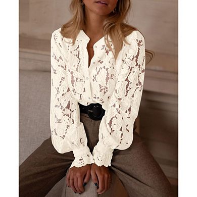 Women's Dressy Casual Lace Blouse Long Sleeve Button Up Shirts Tops Elegant Spring Fall Clothes
